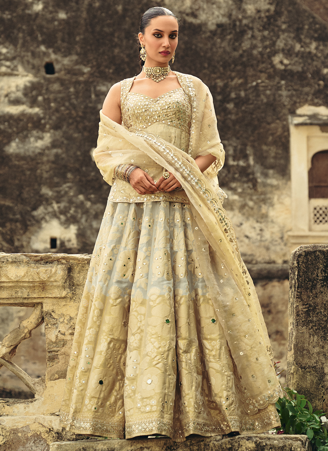 Gold Embroidered Brocade Tissue Lehenga