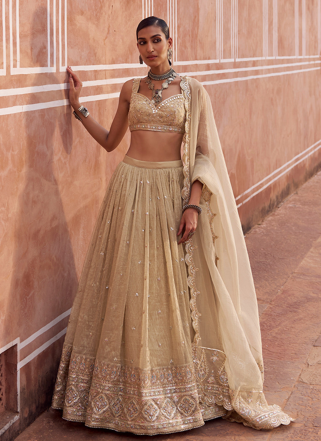 Gold Embroidered Tissue Silk Lehenga