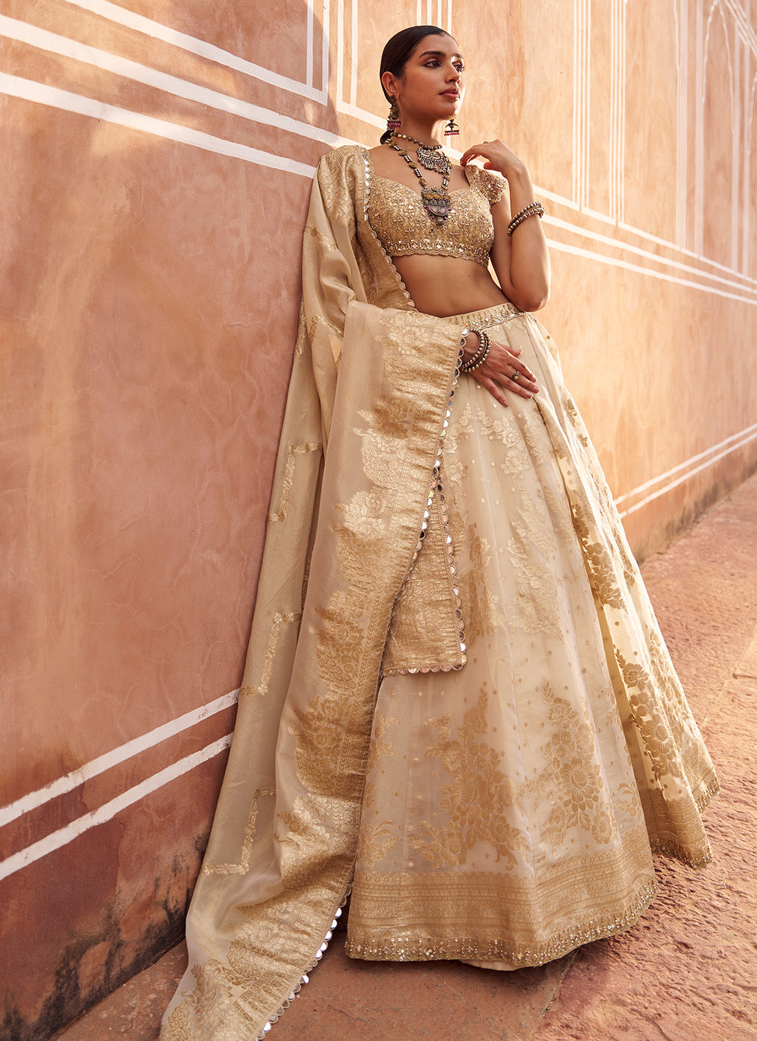 Gold Embroidered Viscose Tissue Lehenga