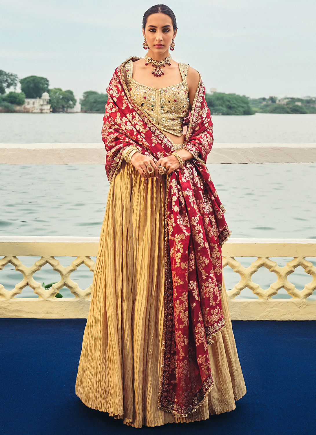 Gold and Maroon Embroidered Chinon Lehenga