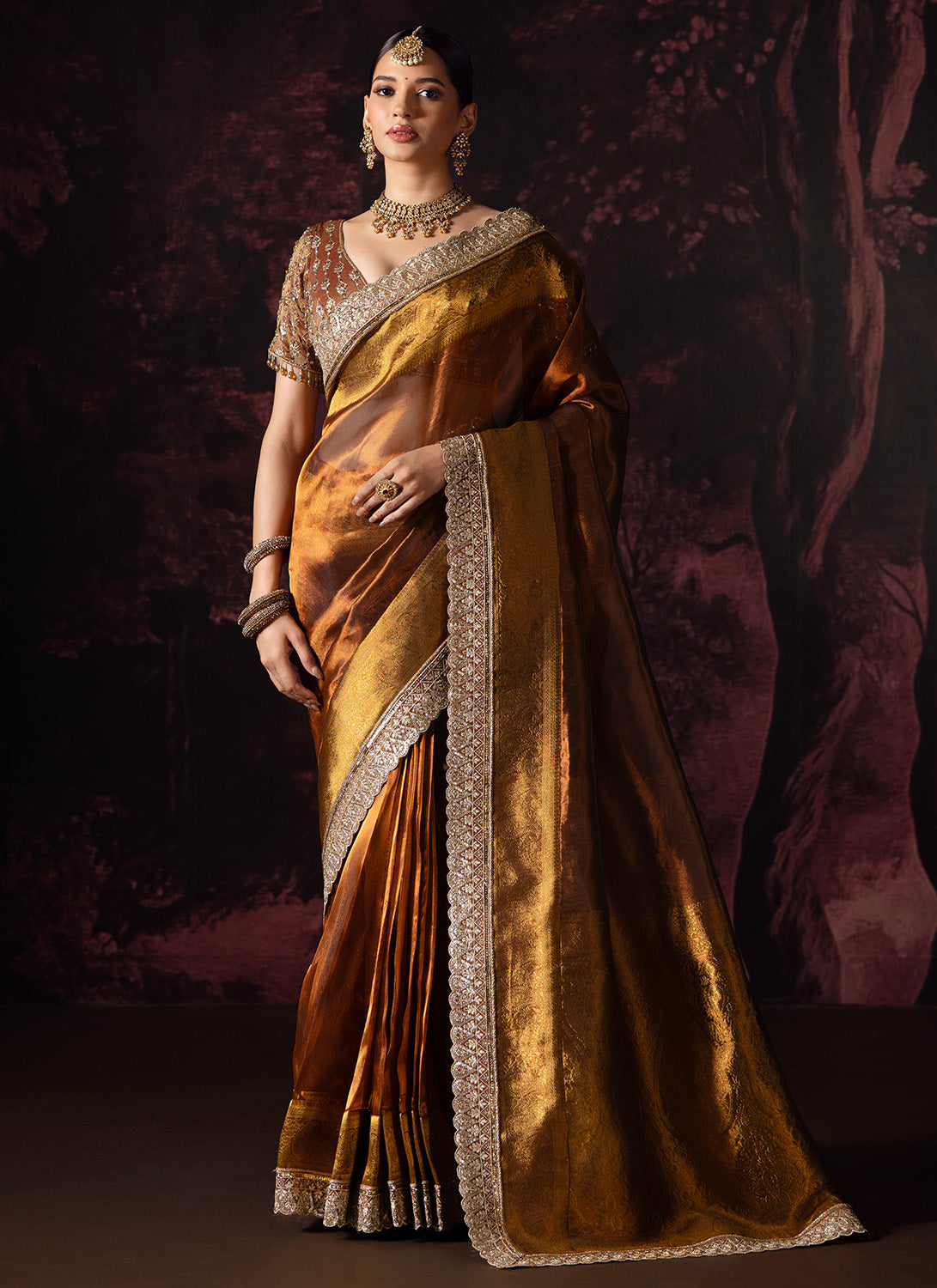 Golden Bronze Embroidered Tissue Saree