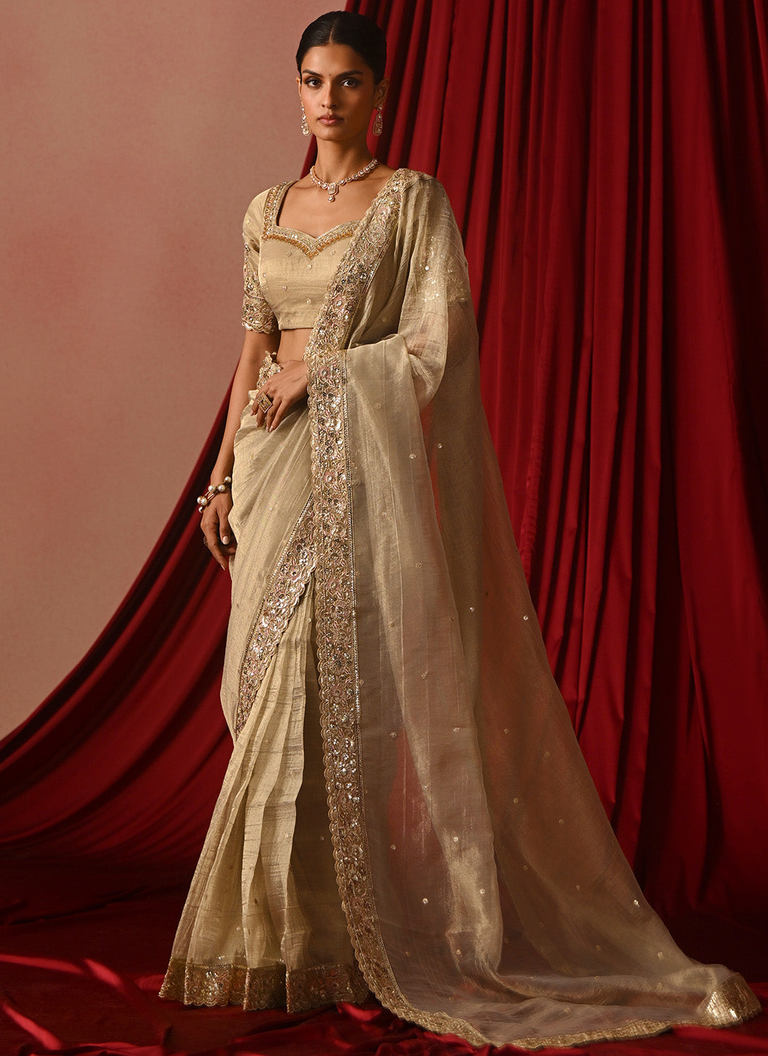 Golden Cream Embroidered Tissue Saree
