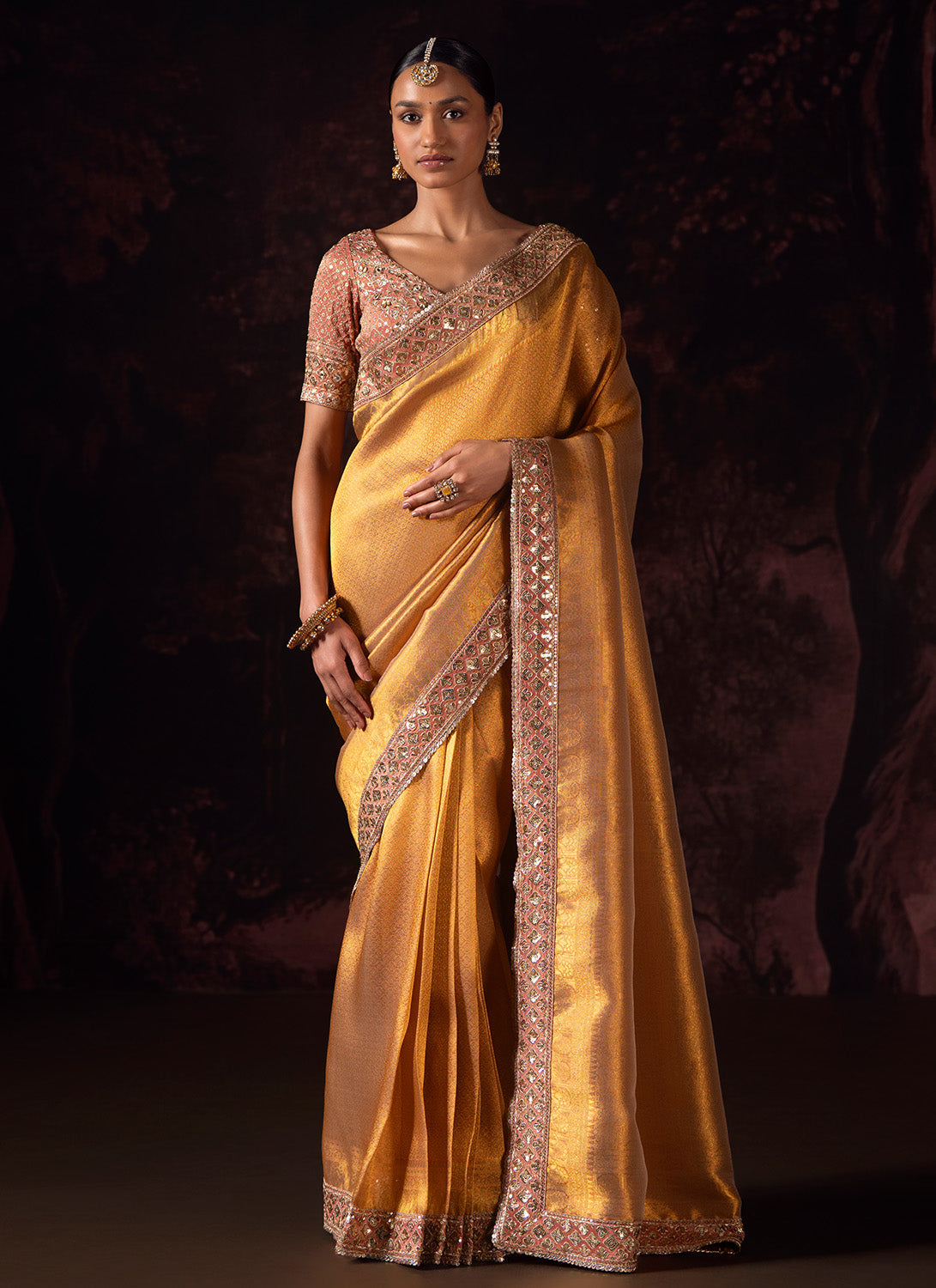 Golden Yellow Embroidered Tissue Saree