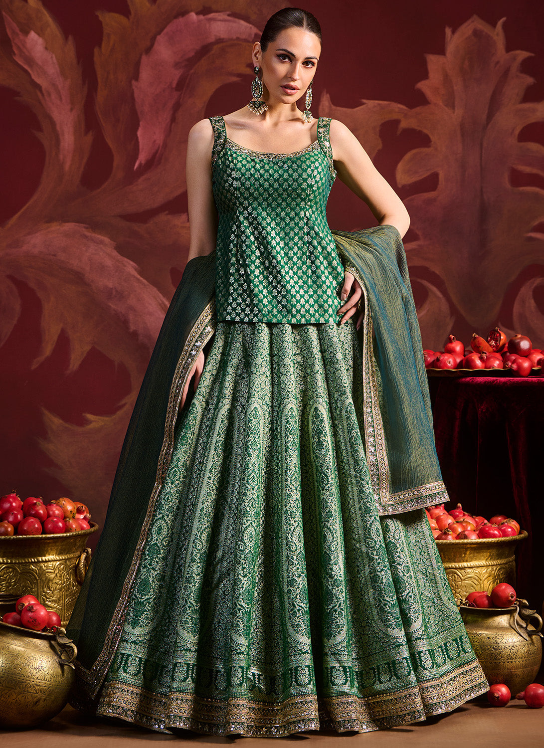 Green Embroidered Brocade Kurti Style Lehenga