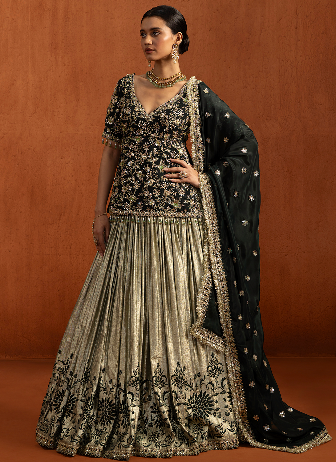 Green Embroidered Lampi Kurti Style Lehenga