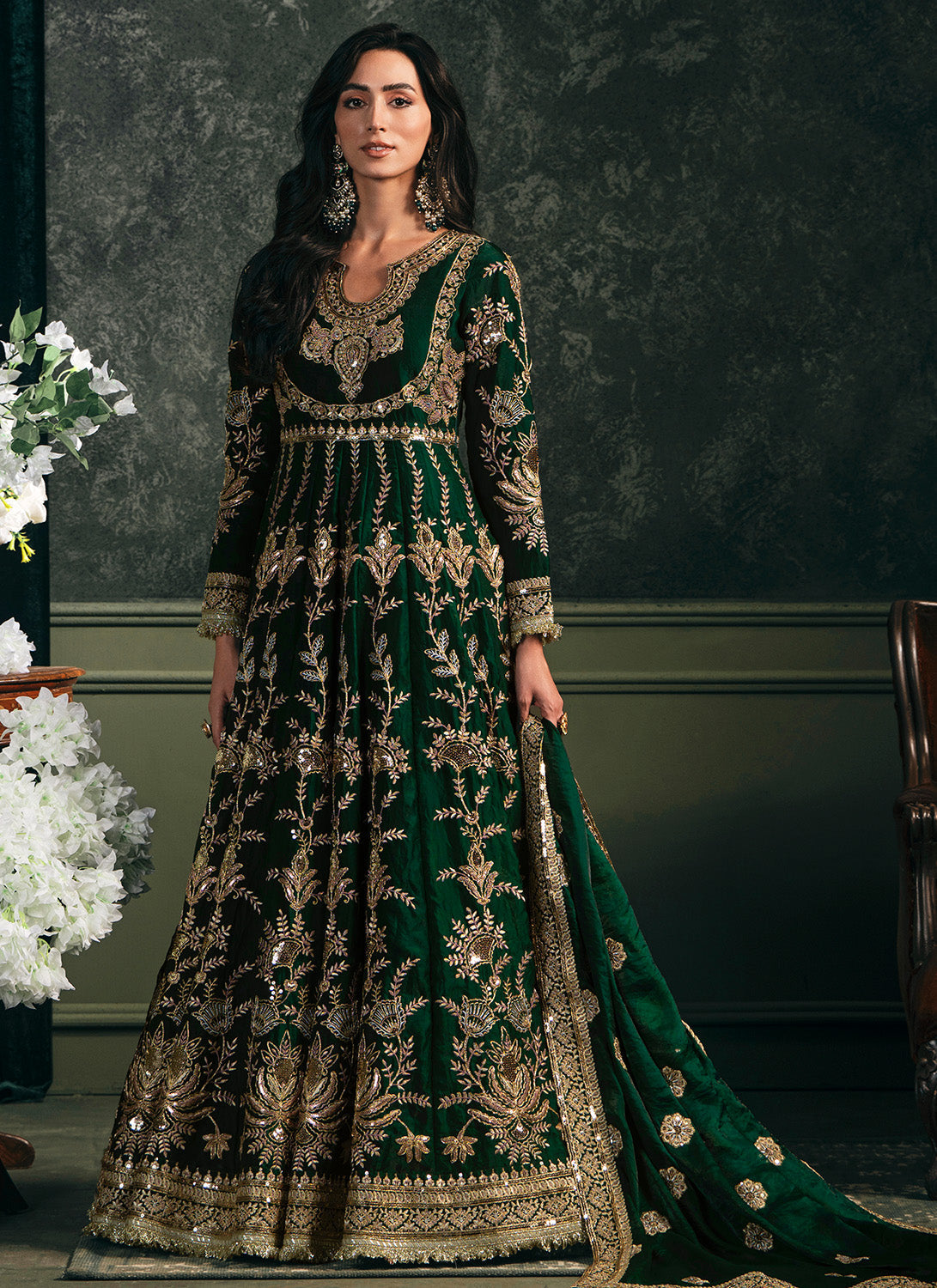 Green Embroidered Silk Anarkali