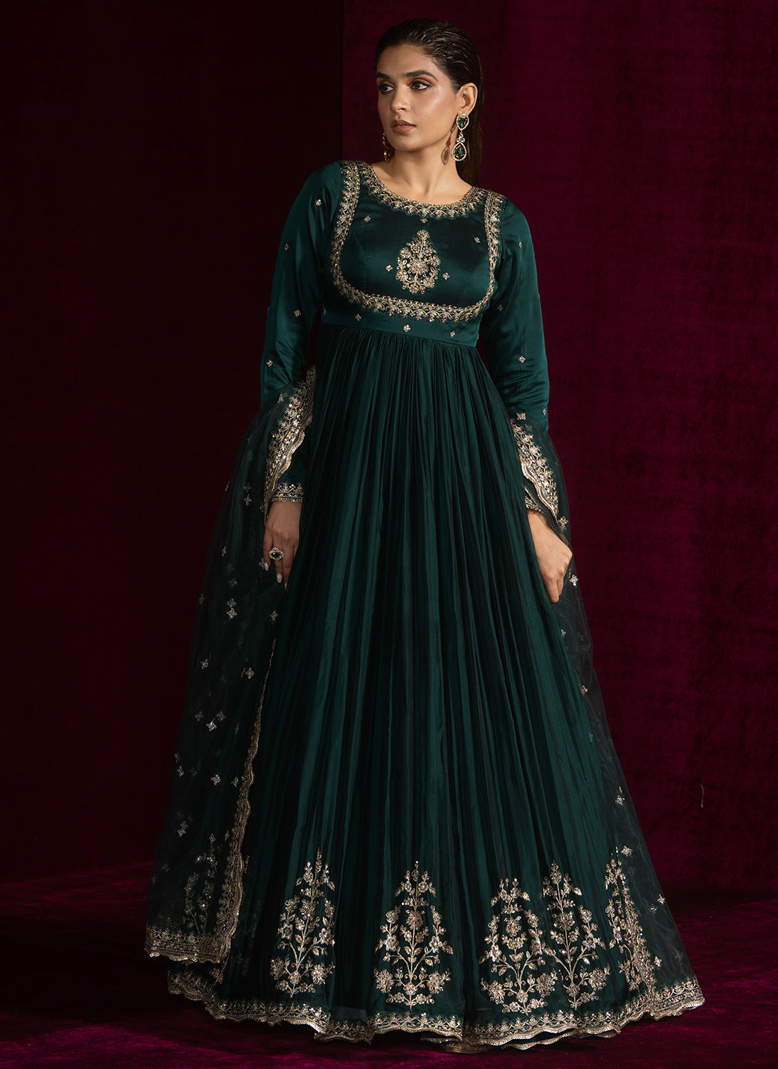 Green Embroidered Silk Anarkali