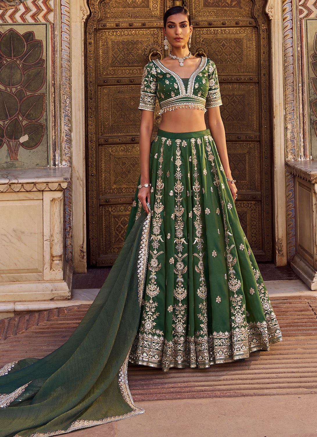 Green Embroidered Silk Lehenga