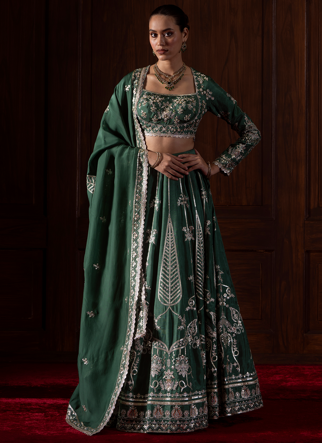 Green Embroidered Silk Lehenga