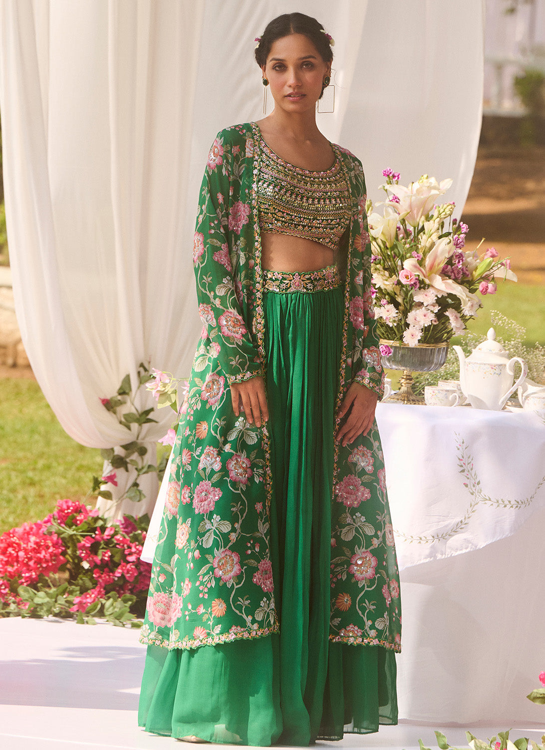 Green Floral Embroidered Pant Set With Jacket