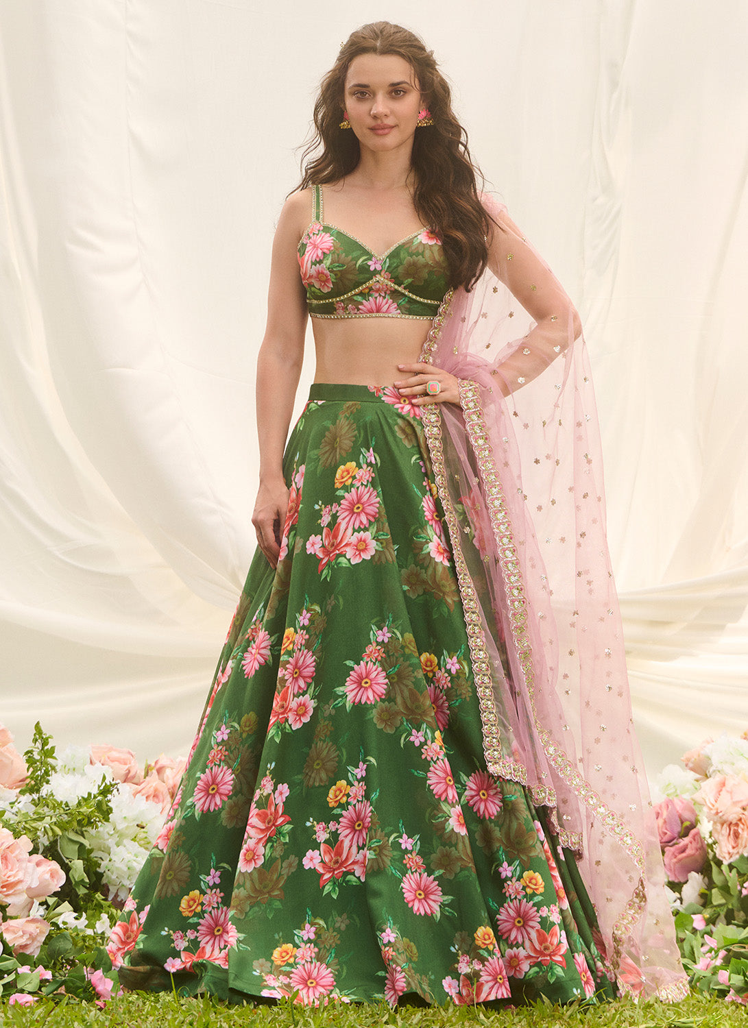 Green Multicolor Floral Printed Lehenga
