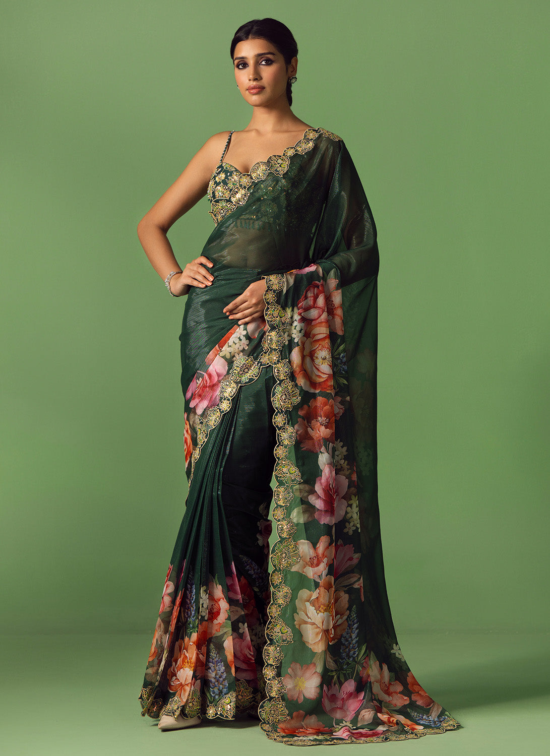 Green Multicolor Floral Printed Saree