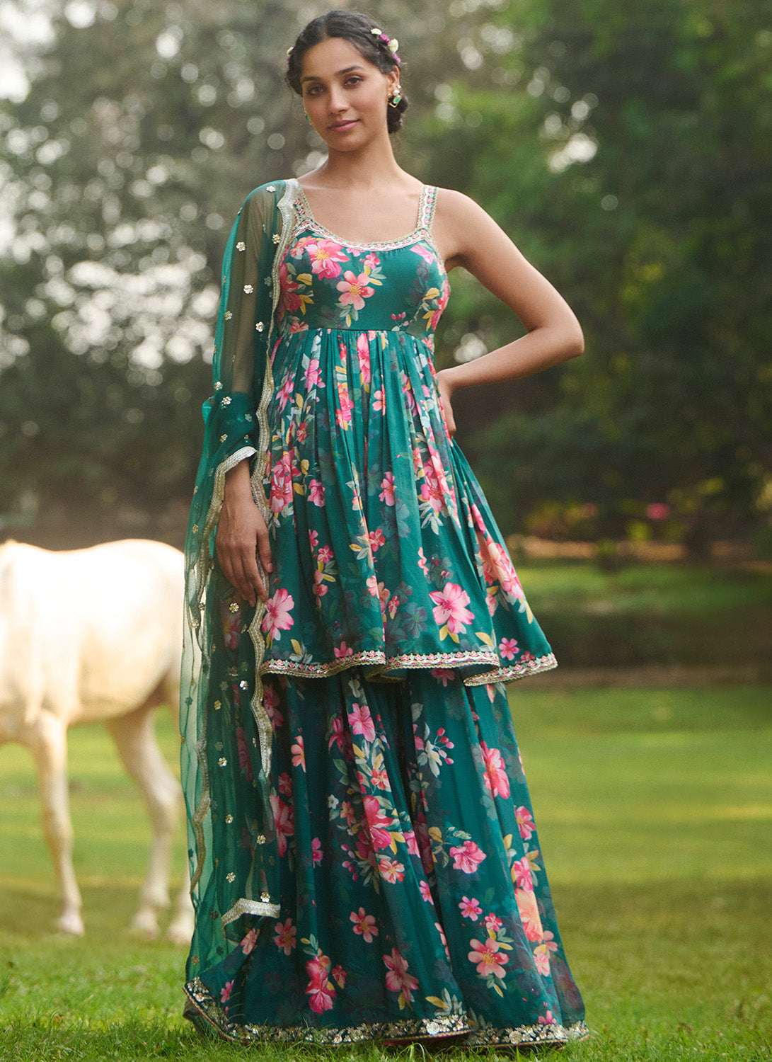 Green Multicolor Floral Printed Sharara Suit