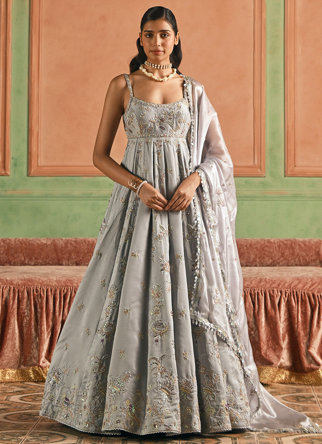 Grey Embroidered Silk Anarkali