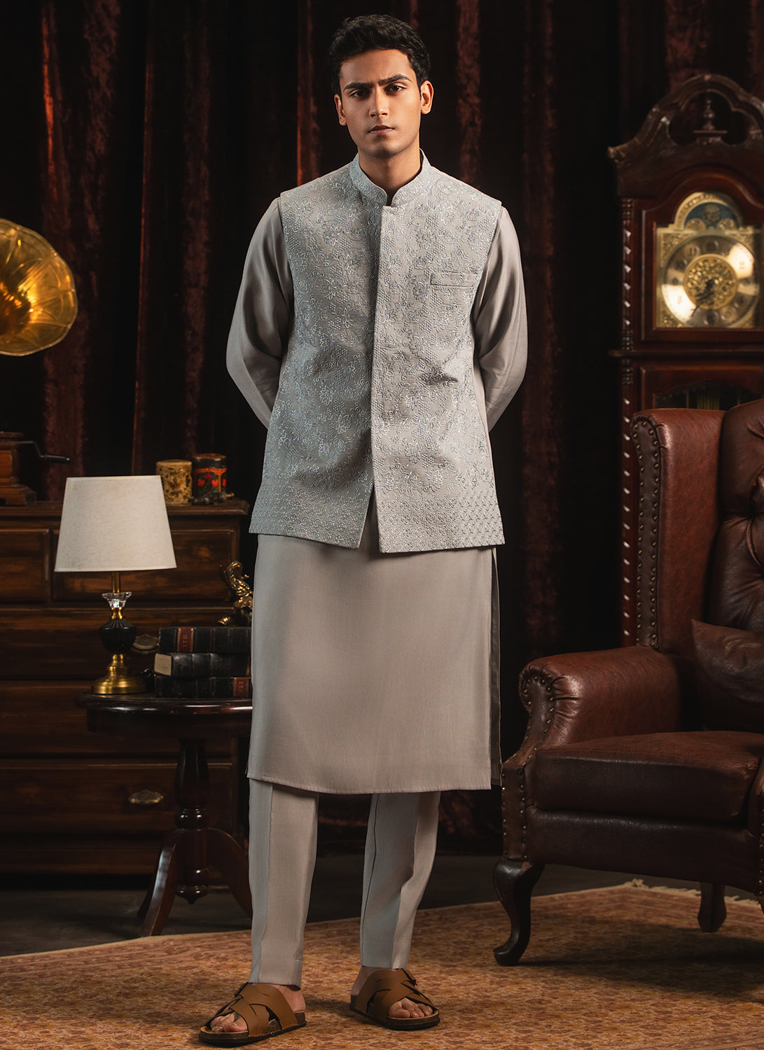 Grey Embroidered Nehru Jacket Set