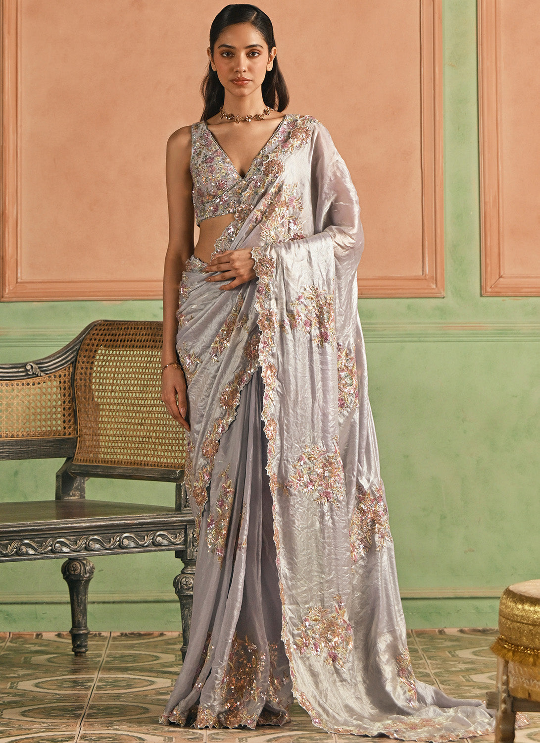 Grey Embroidered Tissue Silk Saree