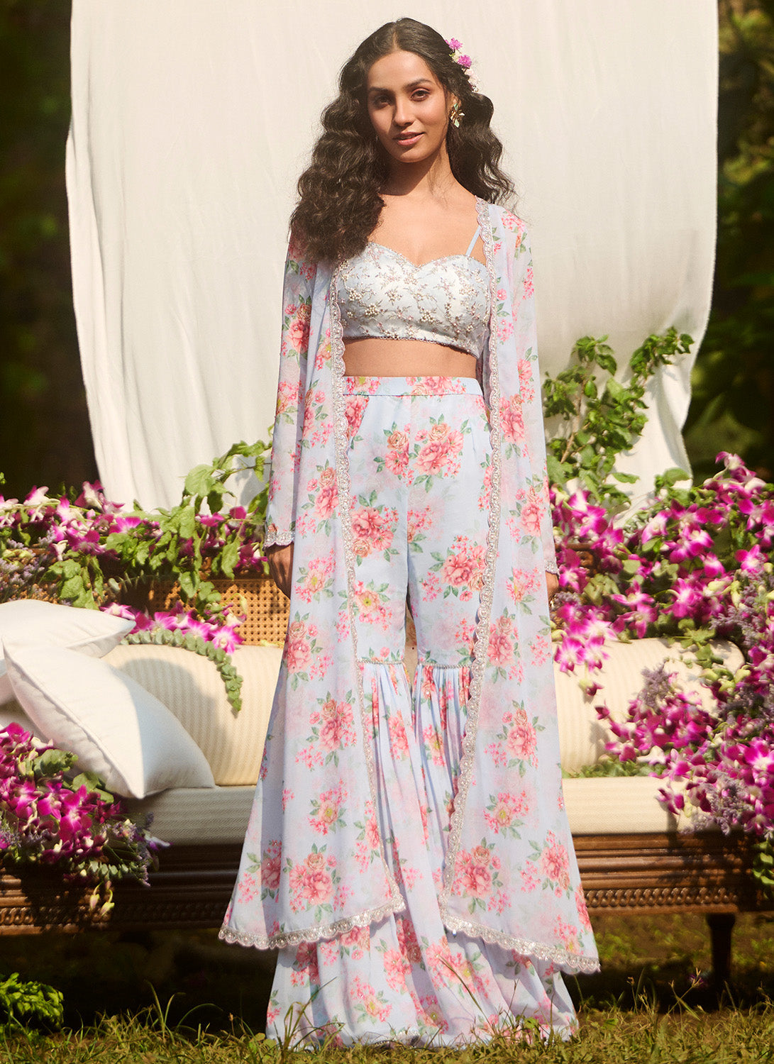 Grey Floral Embroidered Pant Set With Jacket