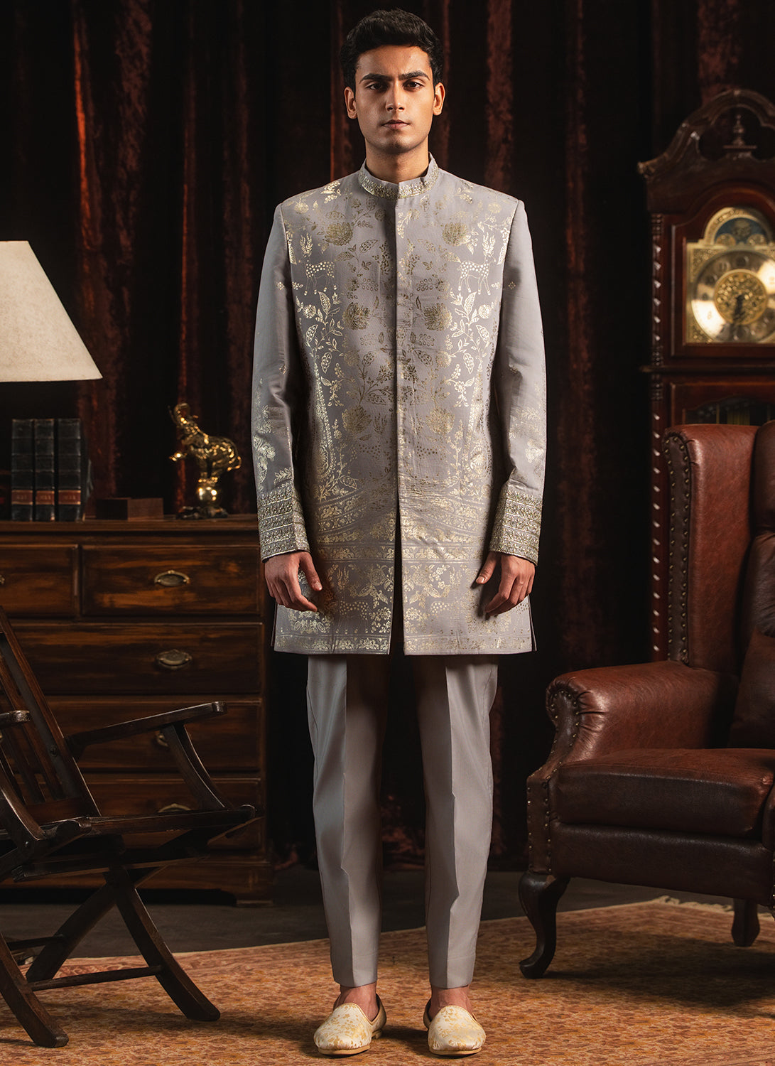 Grey Foil Printed Sherwani