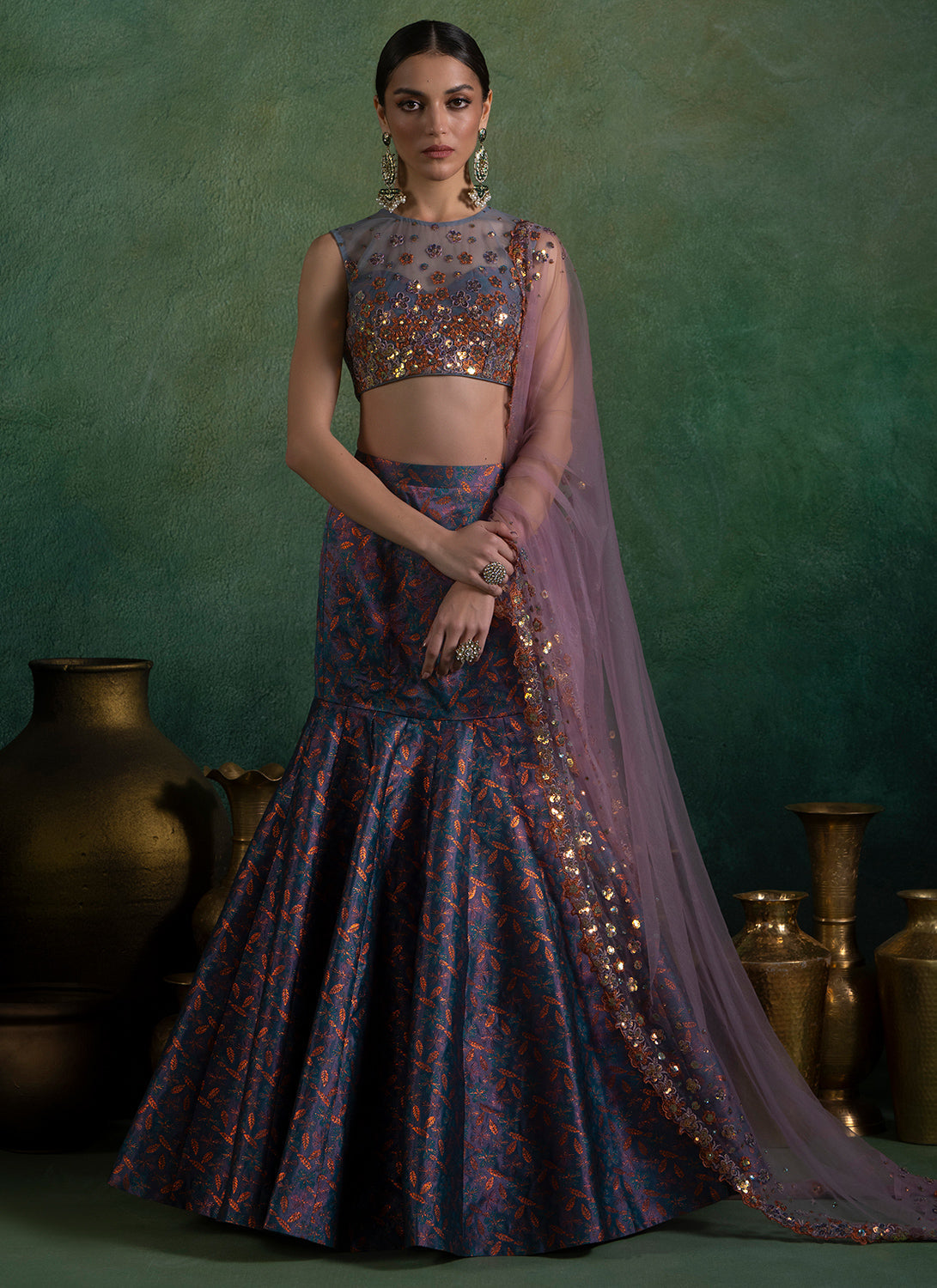 Grey Multicolor Fishcut Embroidered Brocade Lehenga