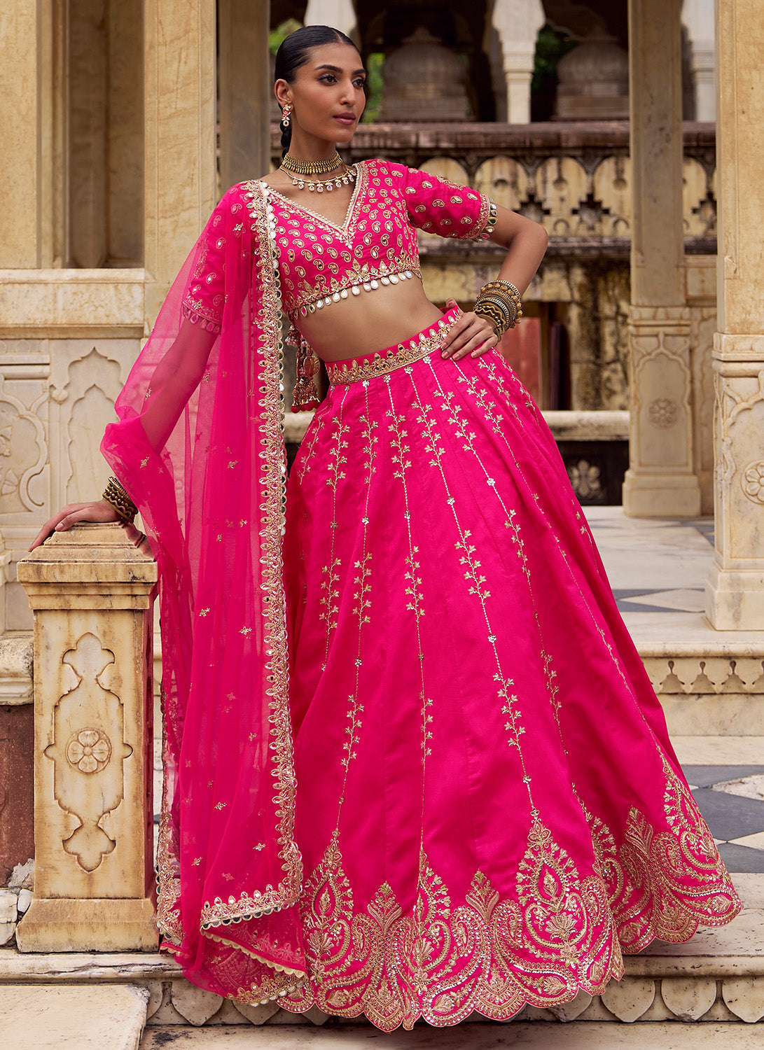 Hot Pink Embroidered Silk Lehenga