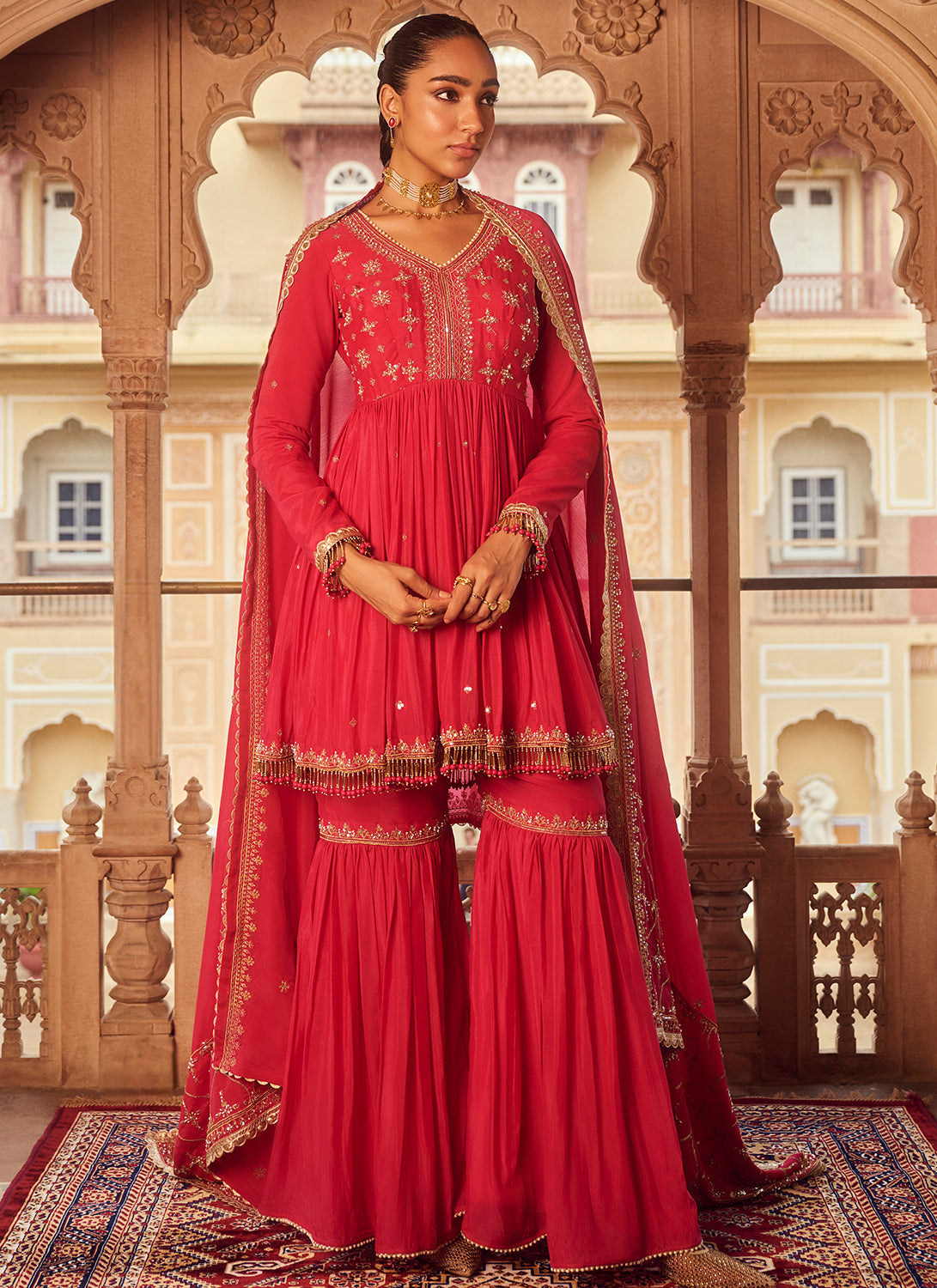Hot Pink Embroidered Chinon Gharara