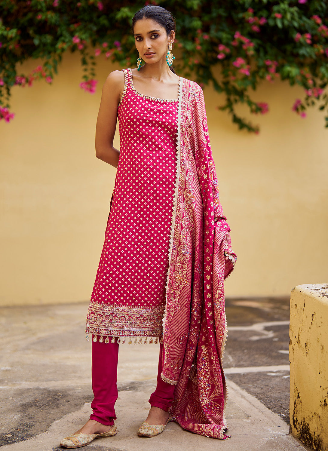 Hot Pink Embroidered Viscose Silk Straight Suit