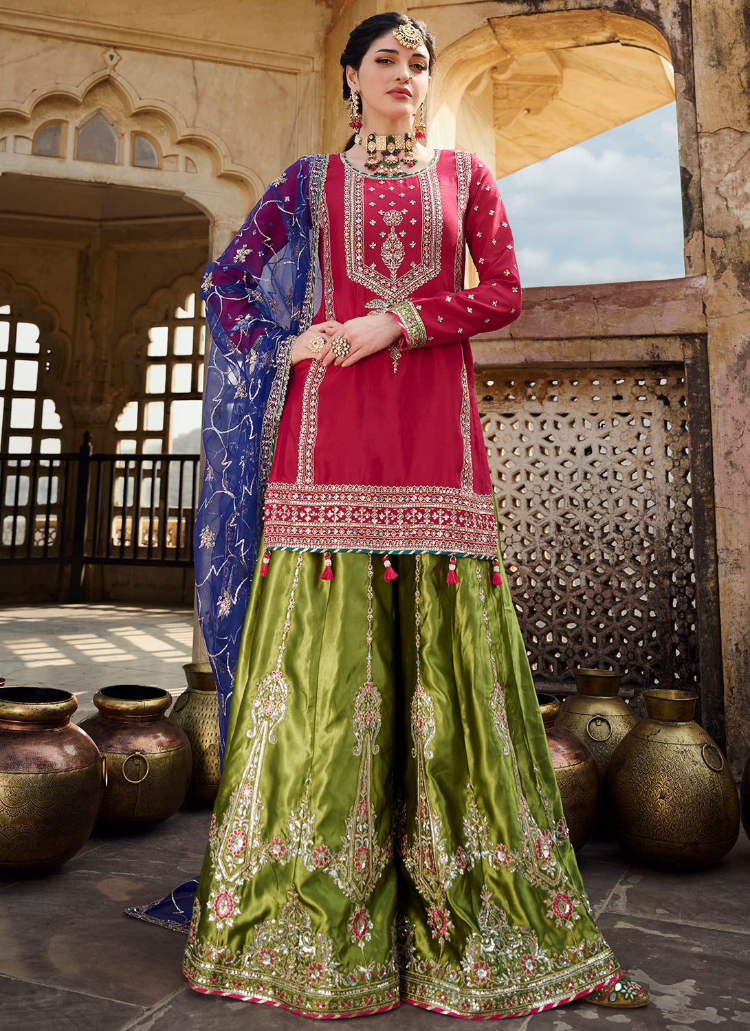 Hot Pink Multicolor Embroidered Sharara Suit