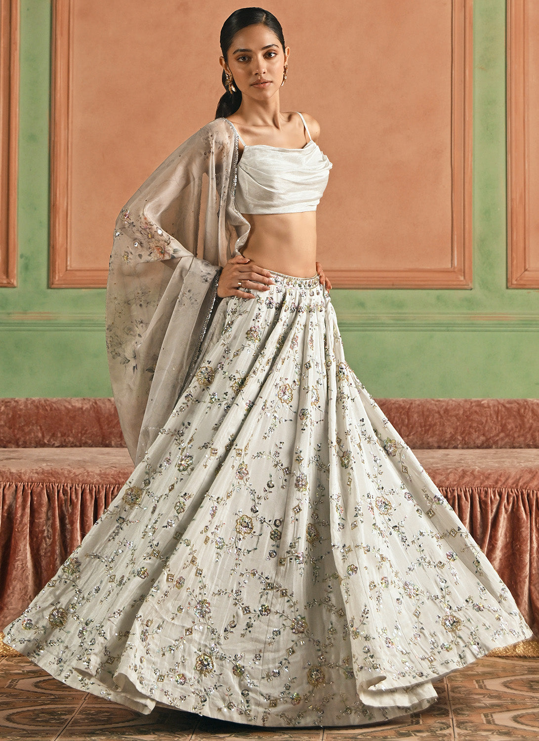 Grey Embroidered Beaded Lehenga
