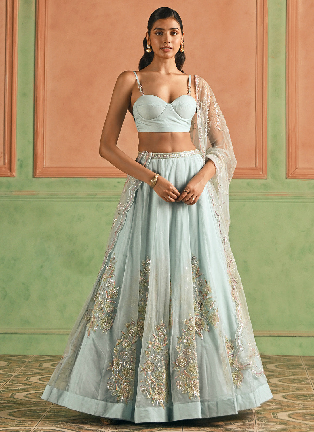 Light Blue Embroidered Organza Corset Style Lehenga