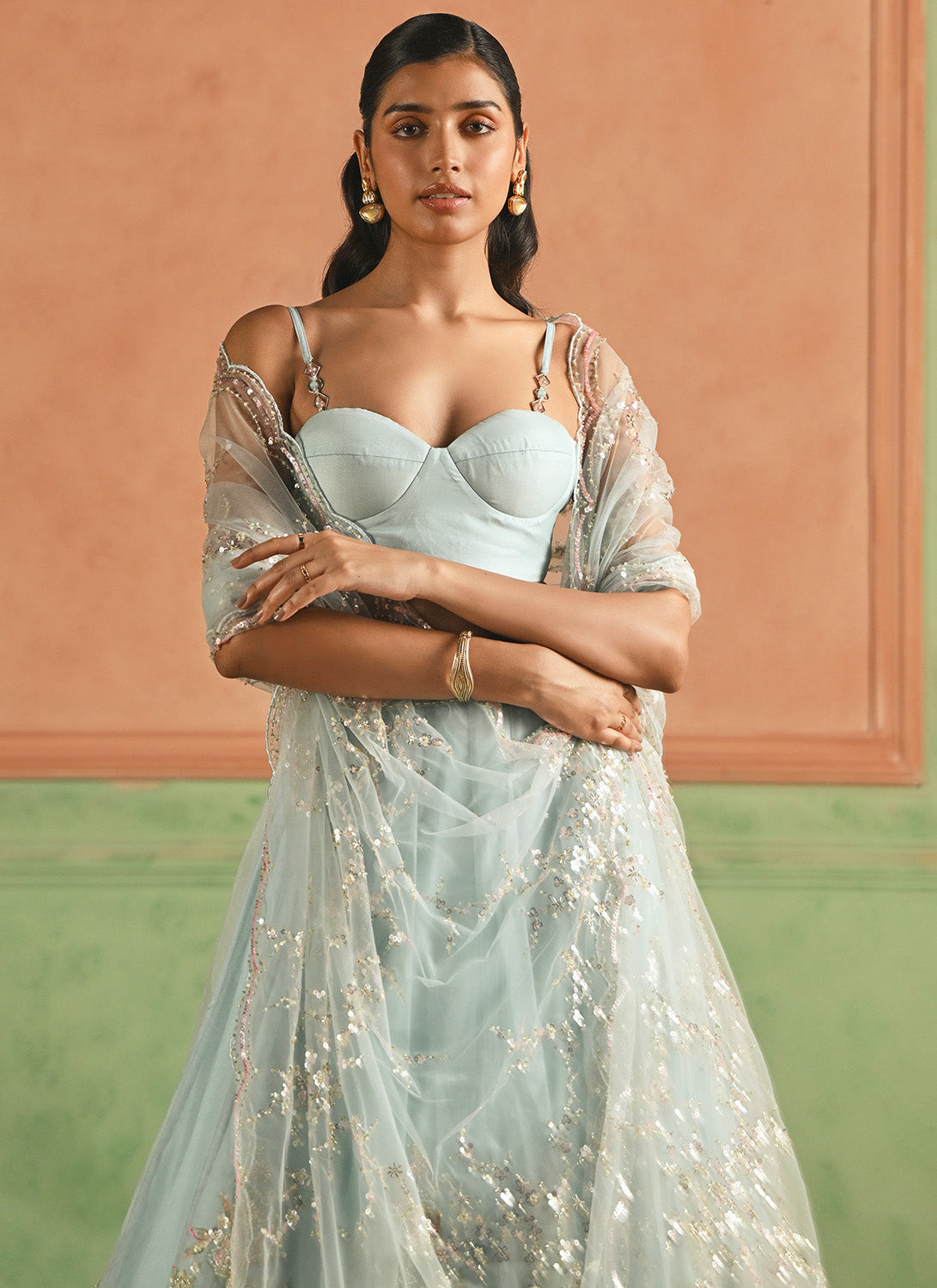 Light Blue Embroidered Organza Corset Style Lehenga