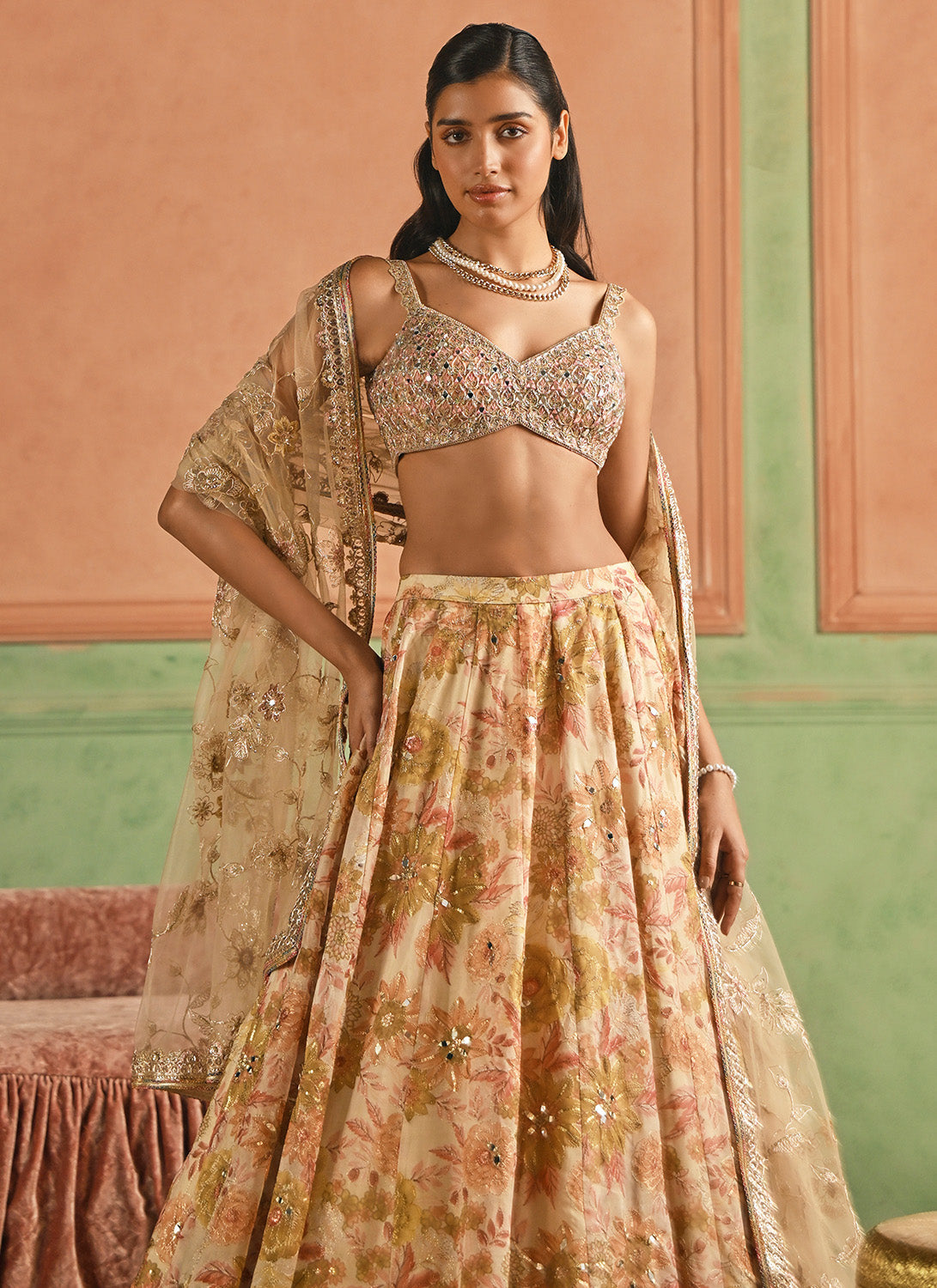 Multicolor Cream Floral Printed Lehenga