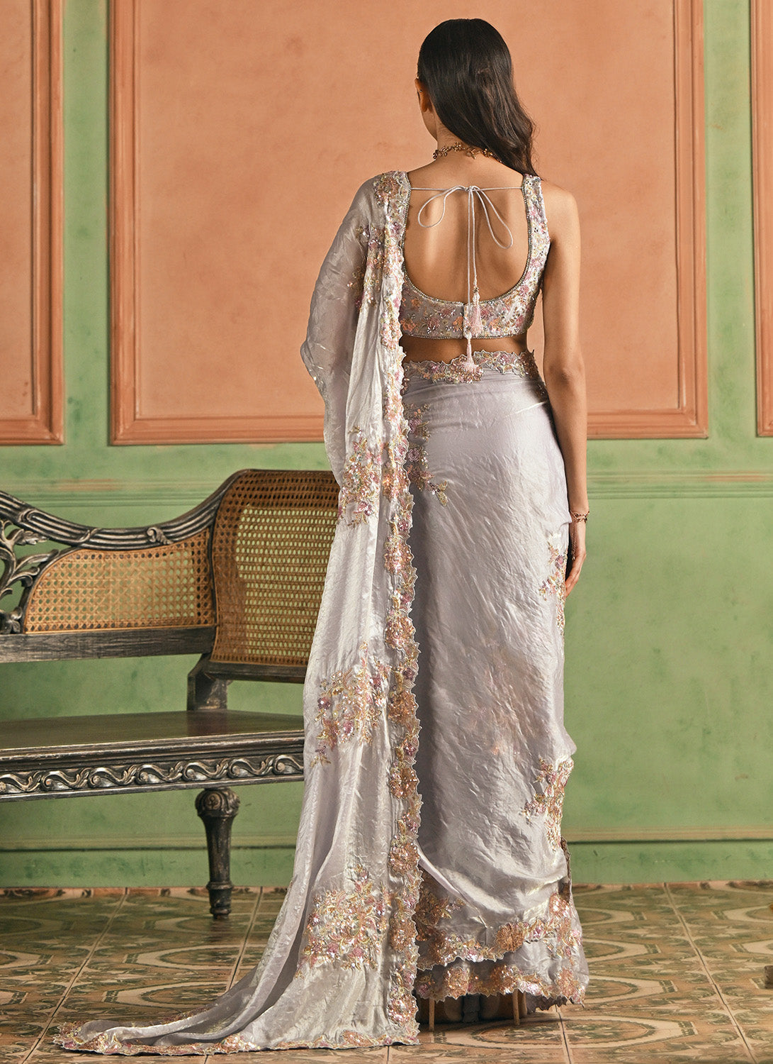 Grey Embroidered Tissue Silk Saree