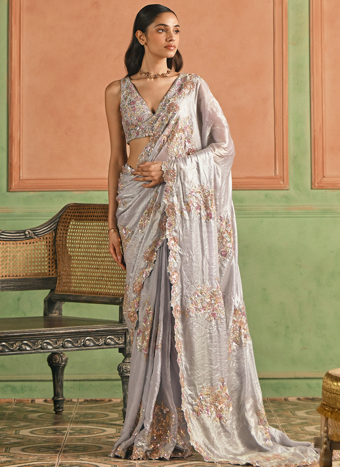 Grey Embroidered Tissue Silk Saree