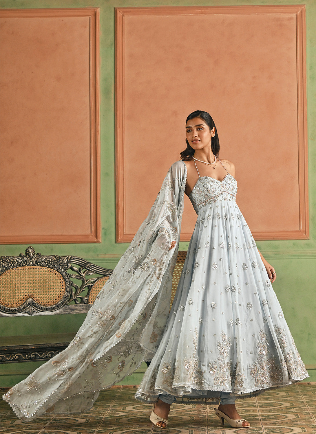 Sky Blue Embroidered Organza Anarkali