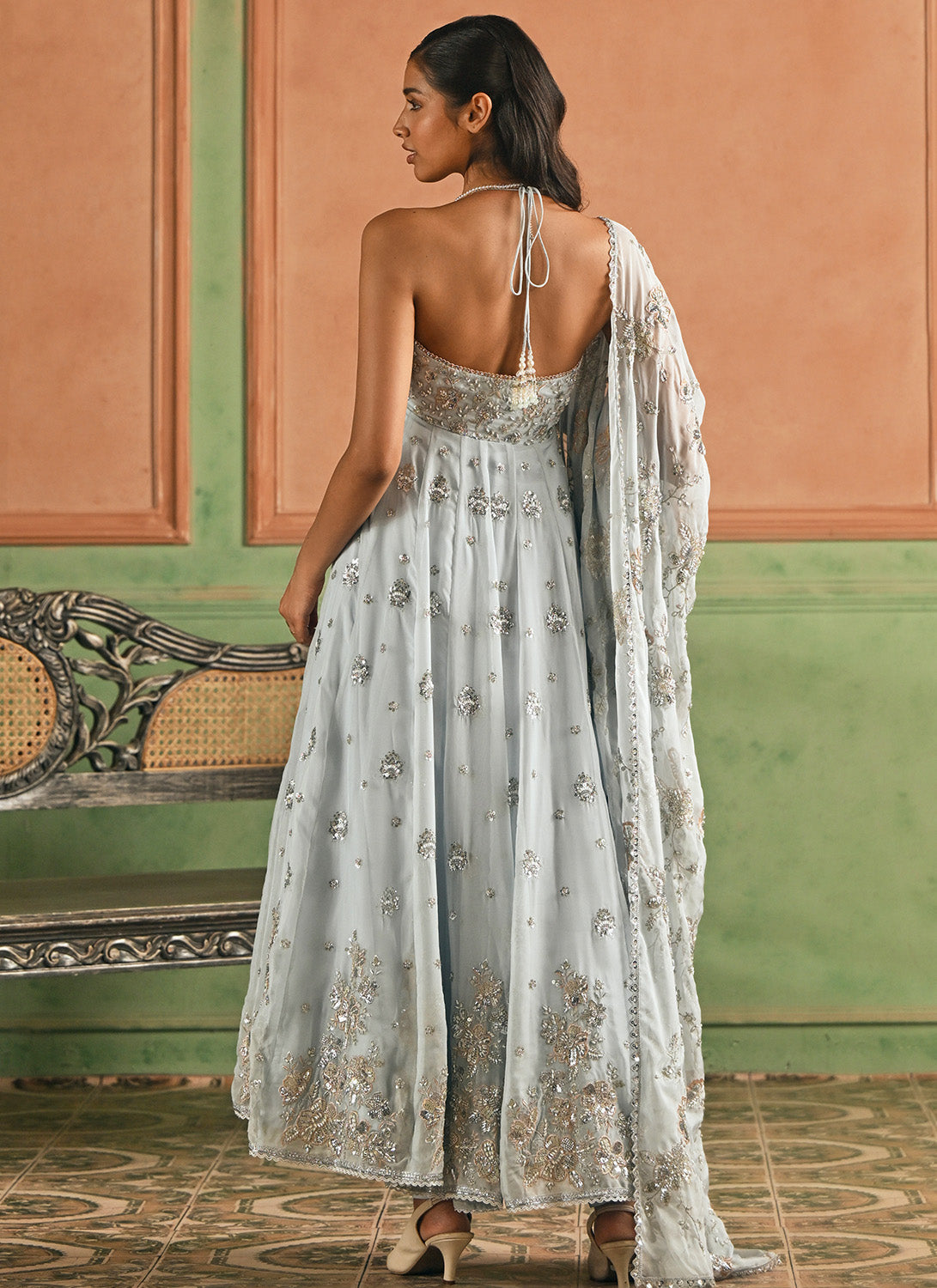 Sky Blue Embroidered Organza Anarkali