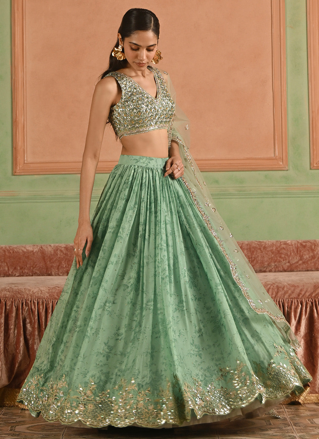Green Embroidered Tissue Lehenga