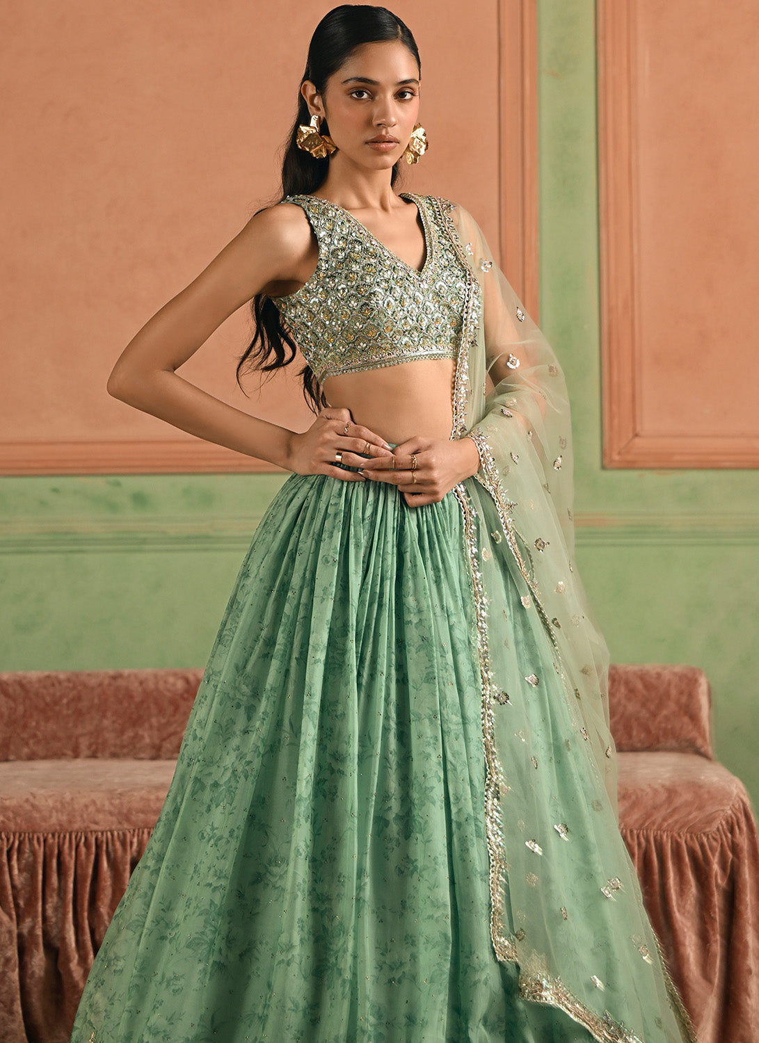 Green Embroidered Tissue Lehenga