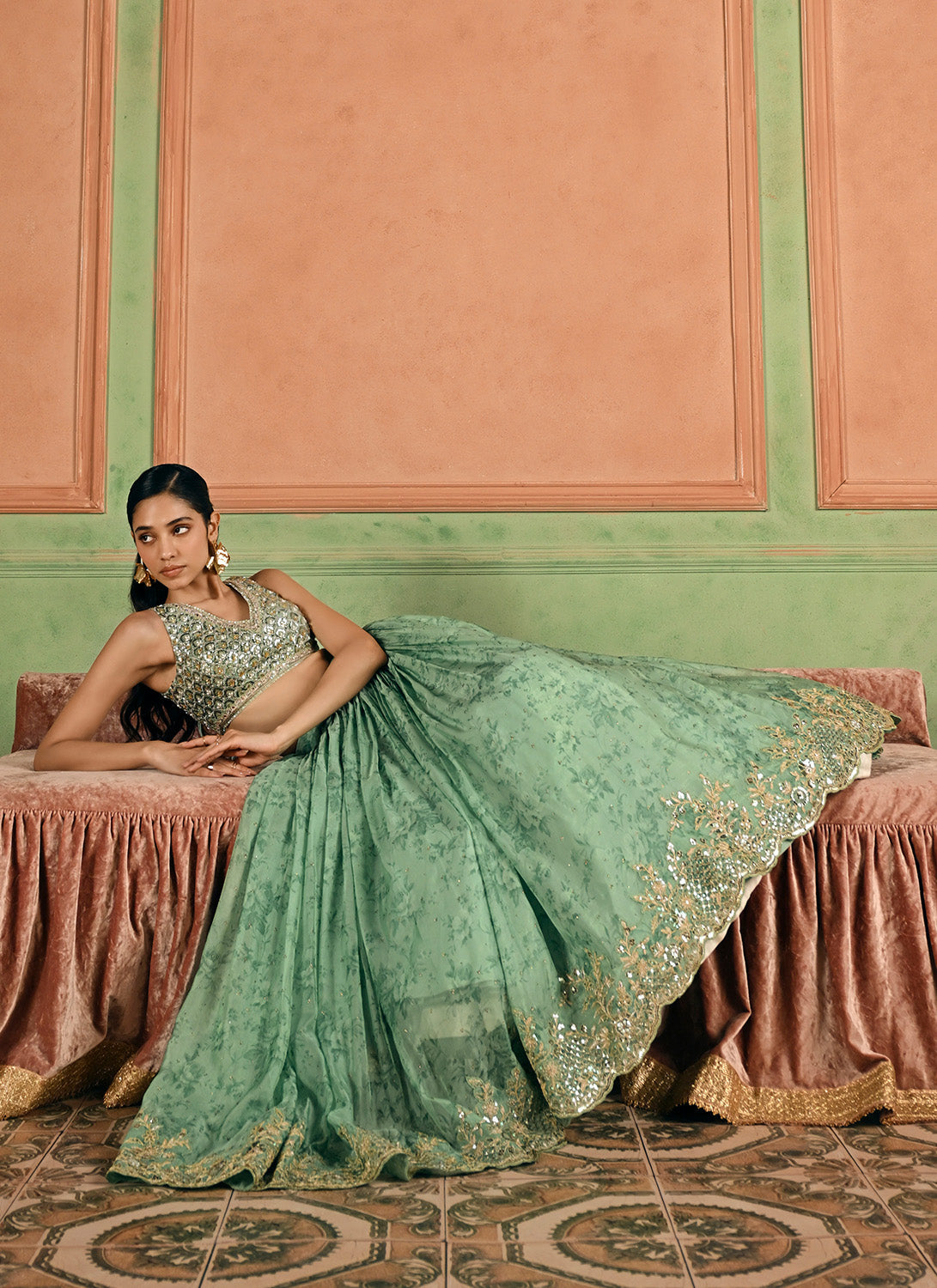 Green Embroidered Tissue Lehenga