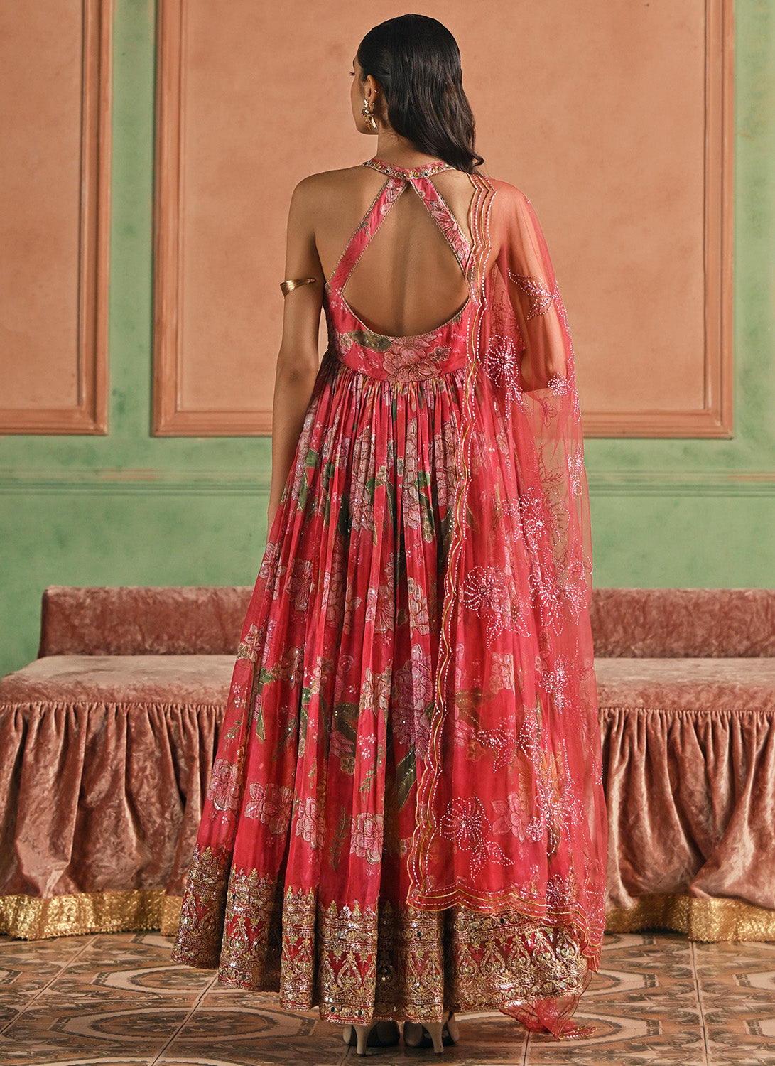 Hot Pink Floral Embroidered Silk Anarkali