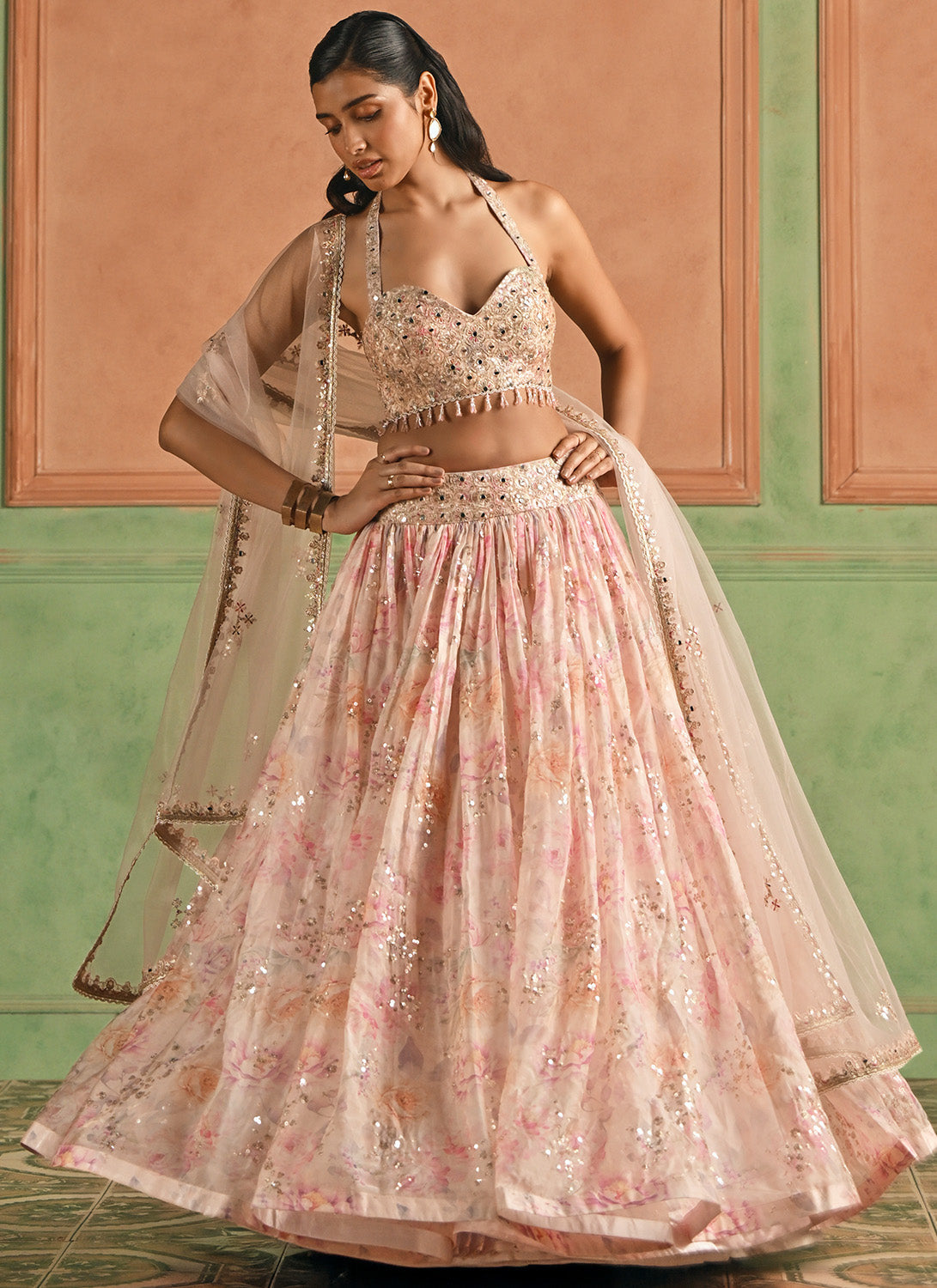 Pink Floral Embroidered Tissue Lehenga