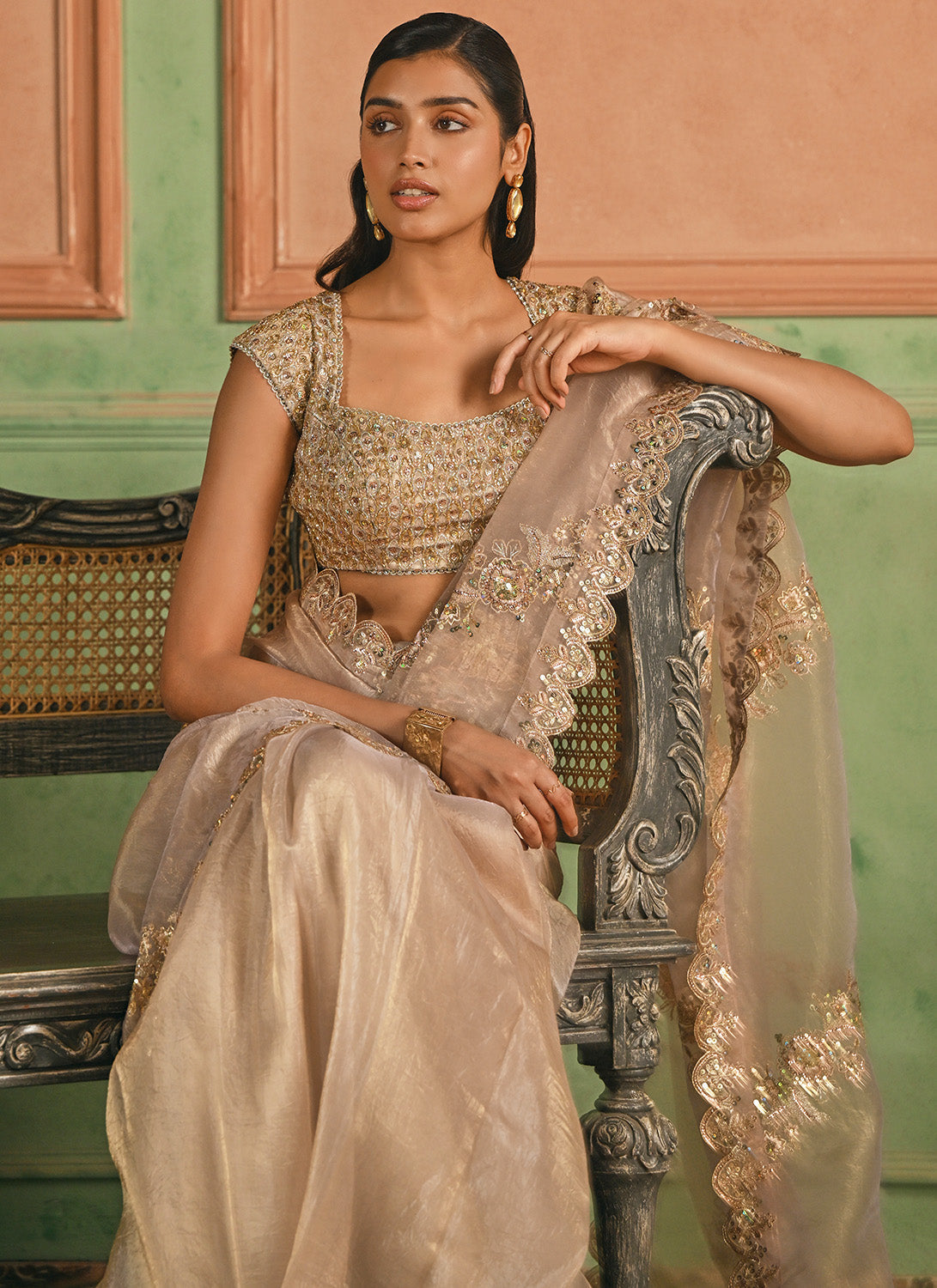 Nude Gold Embroidered Silk Saree
