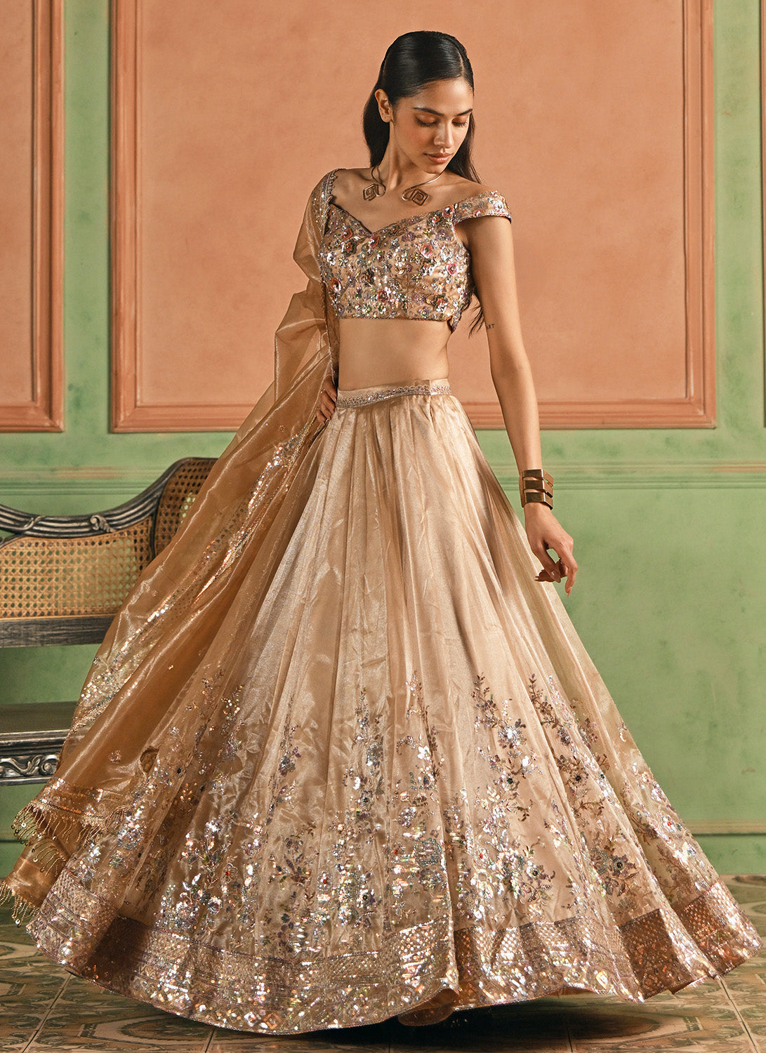 Golden Beige Embroidered Net Lehenga