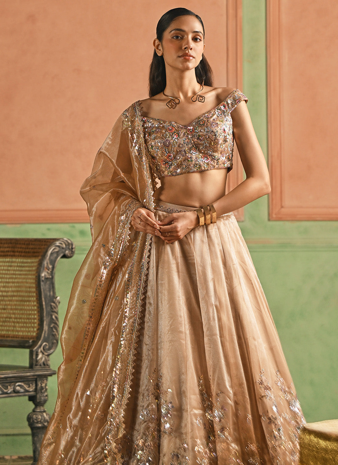 Golden Beige Embroidered Net Lehenga