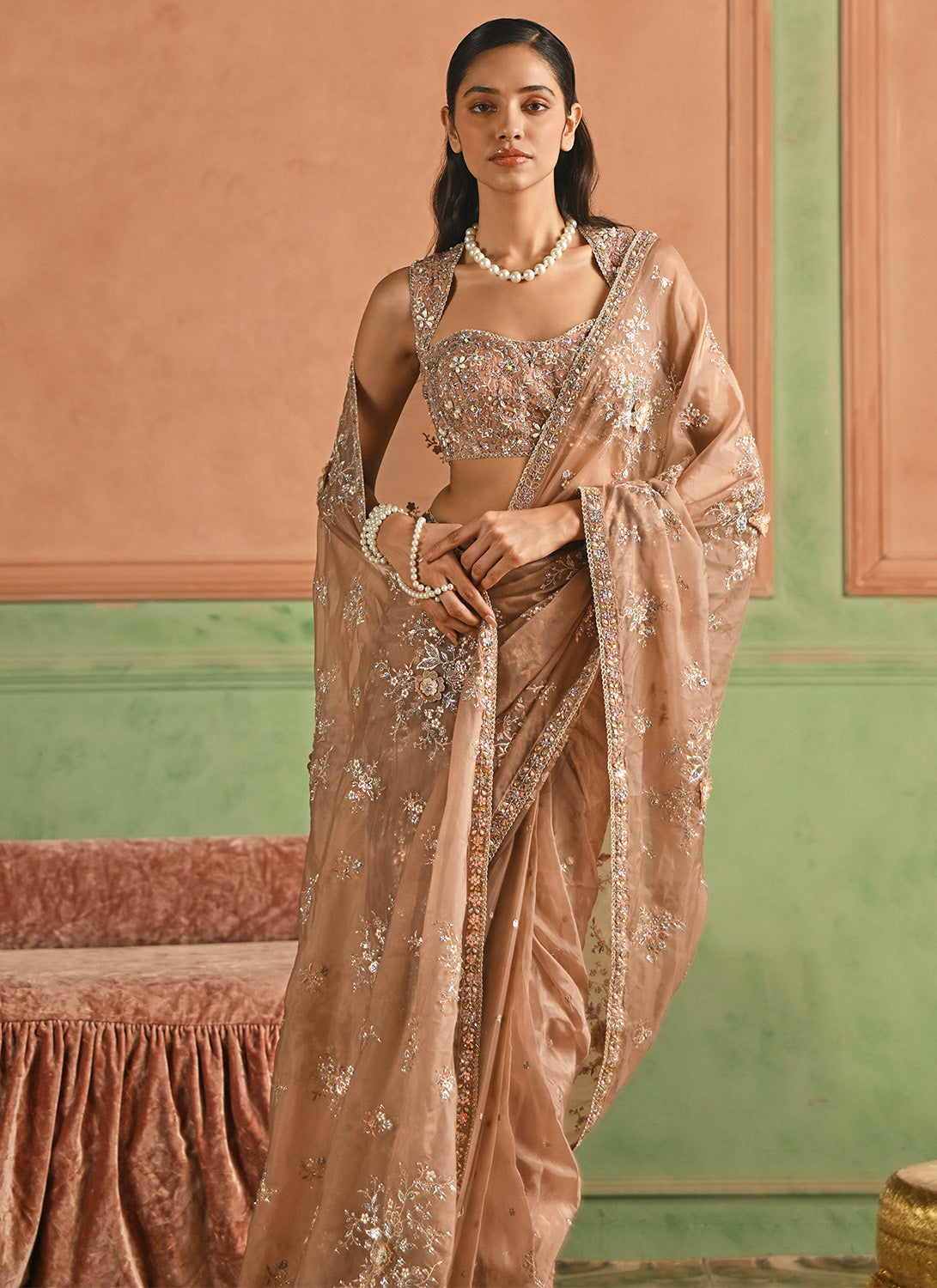 Rose Gold Embroidered Organza Saree