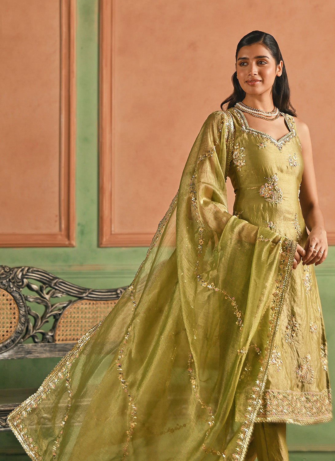 Dusty Green Embroidered Satin Straight Suit