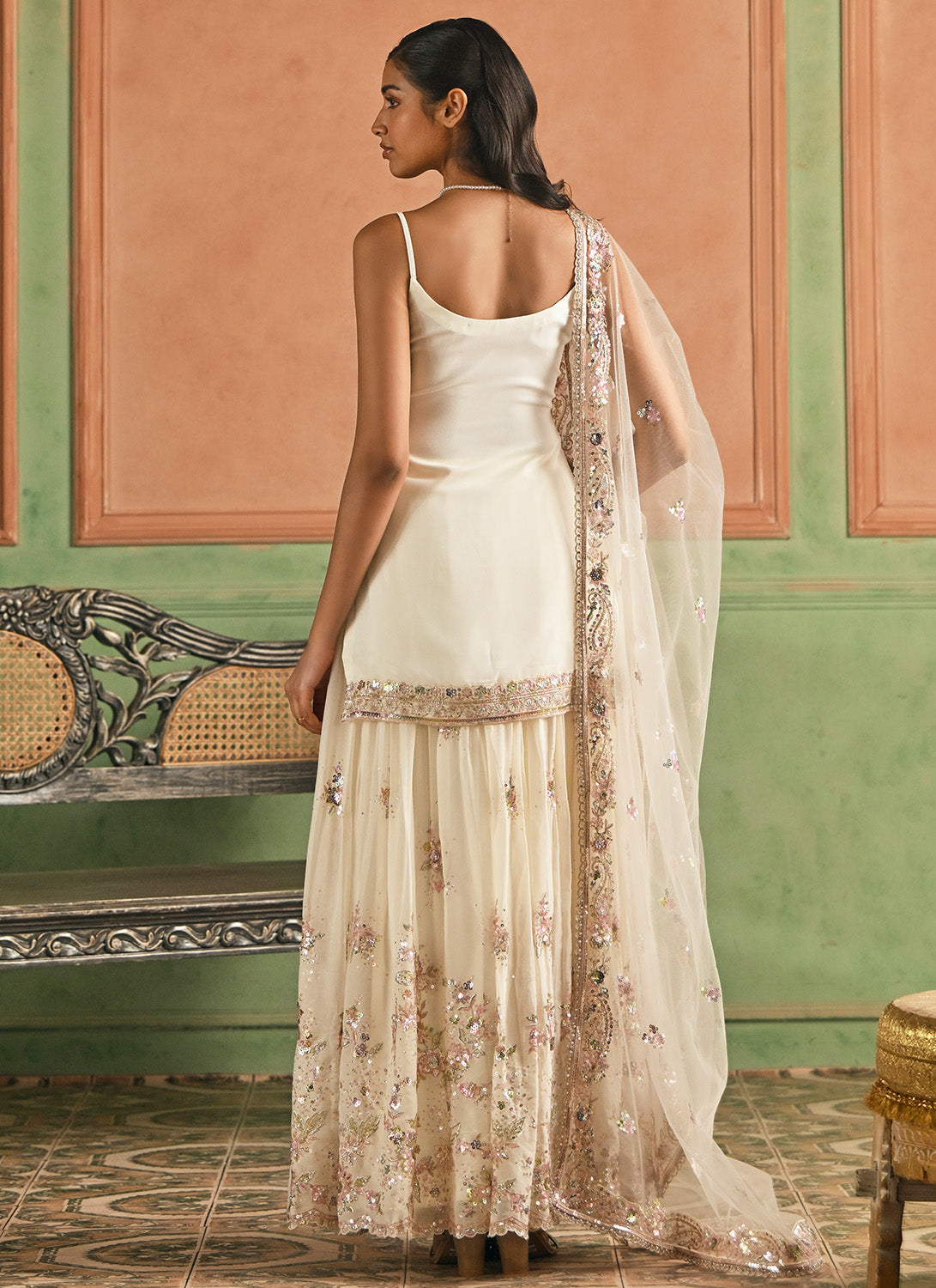 Off White Embroidered Georgette Sharara