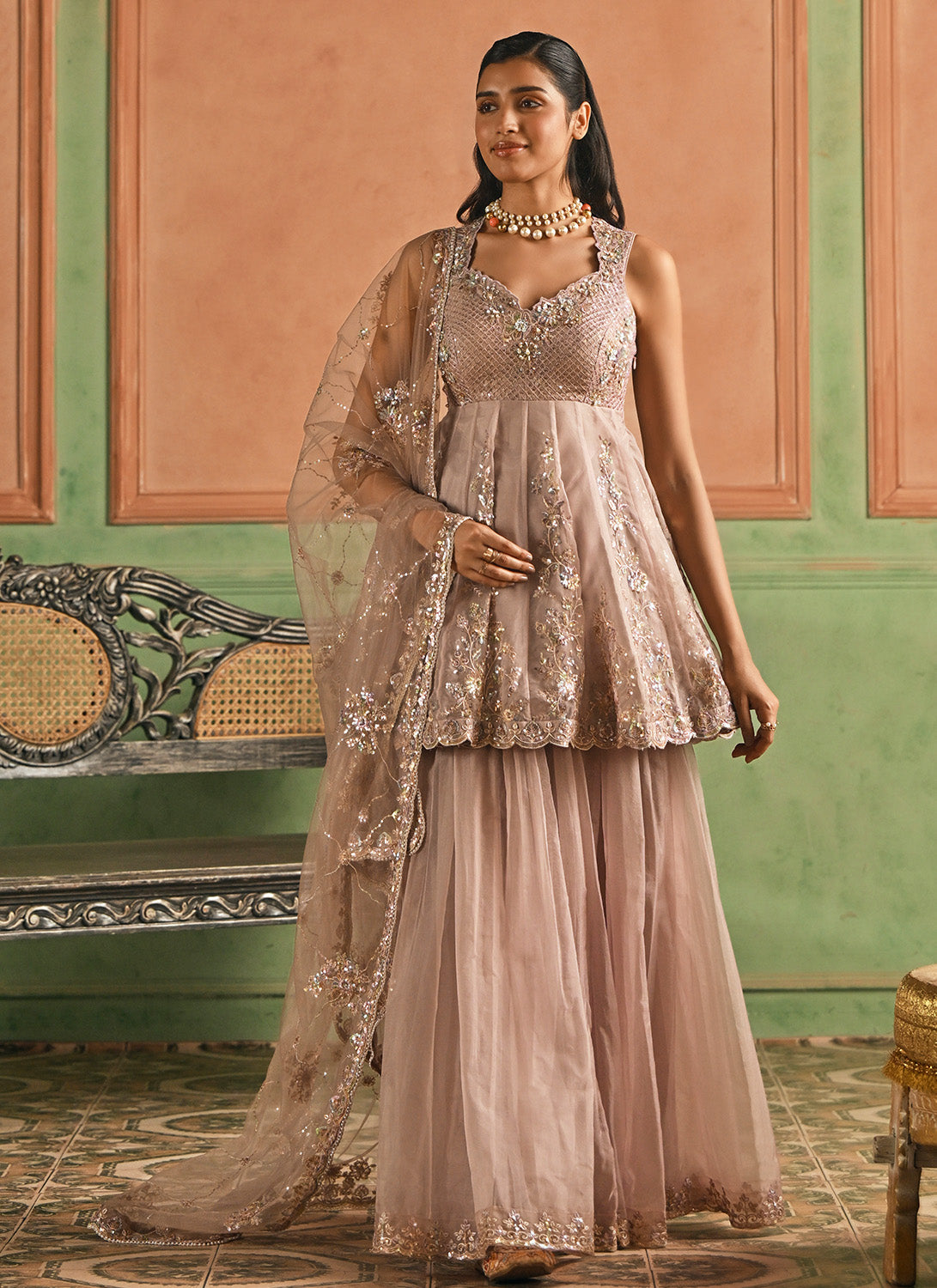 Dusty Rose Pink Embroidered Sharara