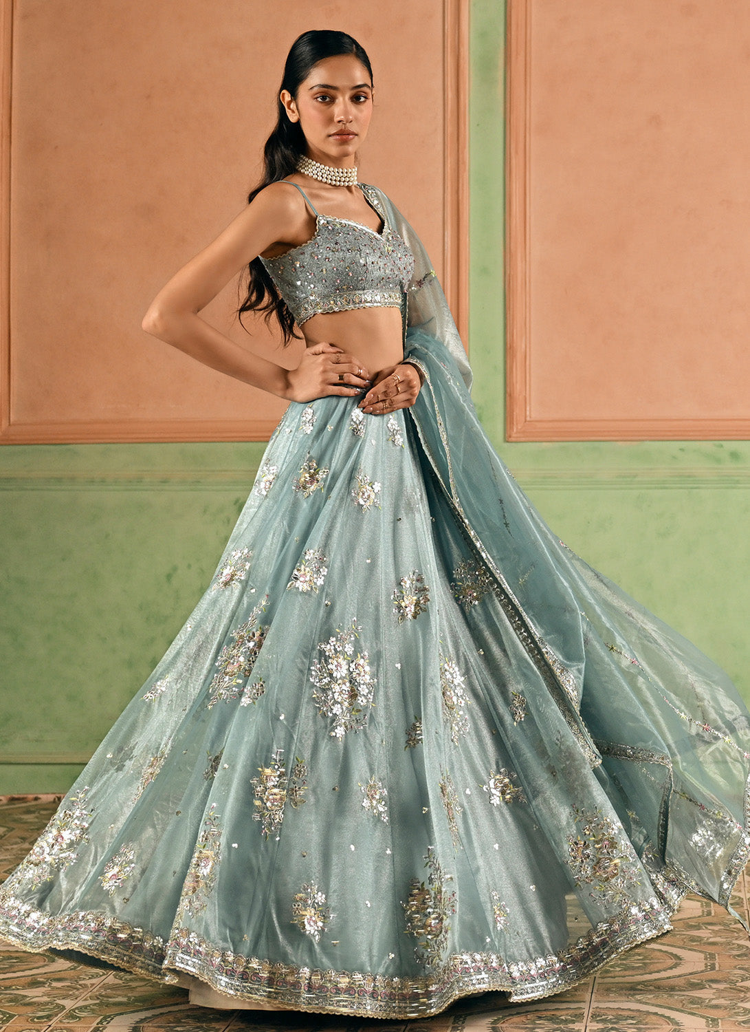 Mint Blue Embroidered Net Lehenga