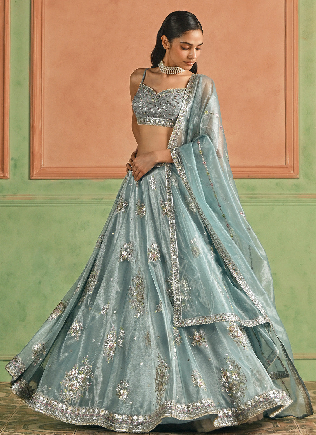 Mint Blue Embroidered Net Lehenga