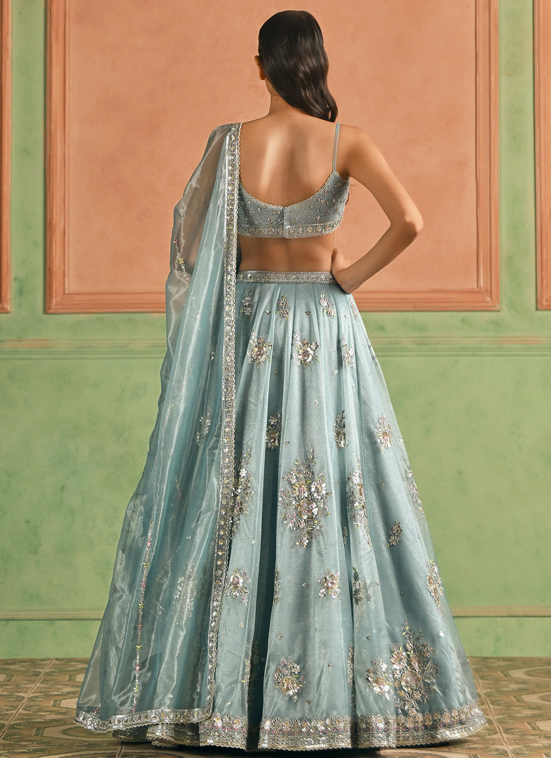 Mint Blue Embroidered Net Lehenga